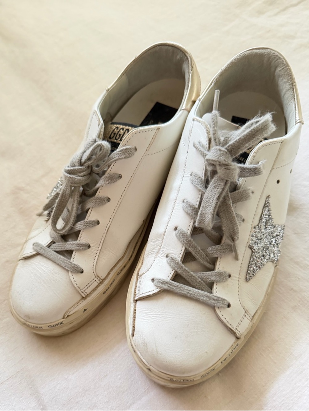 Golden Goose White Leather Sneakers with Silver Glitter Star - Picture 3 of 8